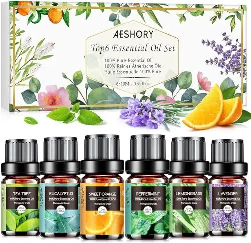 Produktbild: AESHORY Ätherische Öle Set für Diffuser 6 x 10ML, 100% Naturrein Aromatherapie Duftöl, Aroma Öl Geschenkset für Seife, Kerzen, Luftbefeuchter, SPA - Lavendel, Minze, Teebaum, Süßorange, Eukalyptus