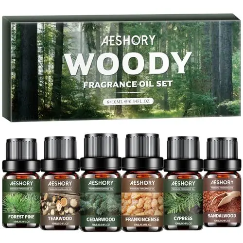 Produktbild: AESHORY Holziges Ätherische Öle Set für Diffuser 6 x 10ML, 100% Naturrein Aromatherapie Duftöl Geschenkset für Kerzenherstellung - Sandelholz, Zedernholz, Teakholz, Wald Kiefer, Weihrauch, Zypresse