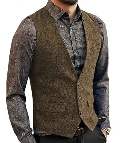 Produktbild: Aesido Casual Herren Weste Anzugweste Slim Fit Wolle Fischgrätenmuster Tweed Business Anzüge Westen Hochzeit Trauzeuge PartyBraun,L