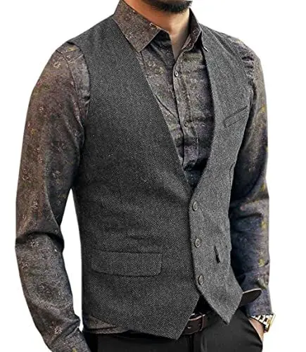 Produktbild: Aesido Casual Herren Weste Anzugweste Slim Fit Wolle Fischgrätenmuster Tweed Business Anzüge Westen Hochzeit Trauzeuge PartyGrau,XL
