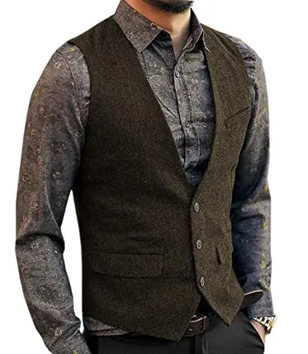 Produktbild: Aesido Casual Herren Weste Anzugweste Slim Fit Wolle Fischgrätenmuster Tweed Business Anzüge Westen Hochzeit Trauzeuge PartyKaffee,XXXL