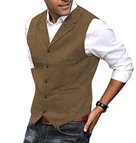 Produktbild: Aesido Herren Weste Anzug Weste Tweed Wolle Slim Fit Business Hochzeit Trauzeuge Anzugweste(Braun,XXXL)