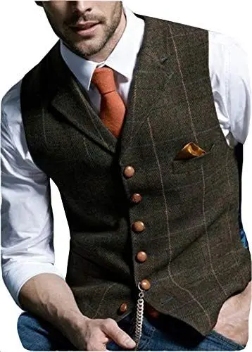 Produktbild: Aesido Herren Weste Anzugweste Slim Fit Kariert Wolle Tweed Weste Kragenweste Westen Smoking Frack Business Hochzeit(Kaffee,xl)