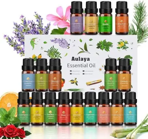 Produktbild: Ätherische Öle Set 18 x 10 ml, Teebaum, Lavendel, Eukalyptus, Weihrauch, Zitronengras, Rosmarin, Orange, Minze, Zitrone, Bergamotte, Ylang-Ylang, Grapefruit, Kamille, Rose, Vanille, Patchouli Salbei