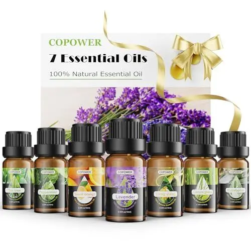 Produktbild: Ätherische Öle Set, COPOWER 7 x10mL Aroma Diffuser Öl, 100% Naturrein Geschenkset Duftöle für Diffuser, Humidifier, Massage - Lavendel, Eukalyptus, Pfefferminz,Süßorangen, Zitronengras, Teebaum, Ylang