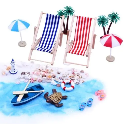 Produktbild: AEUZWR 15-Strand-Mikrolandschaft Miniliegestuhl Strandkorb Sonnenschirm Kleine Palme Deko Accessoires, Miniatur Dekoration Mini-Stranddekorationen, Miniatur Deko Strand, Geeignet Für DIY-Dekoration