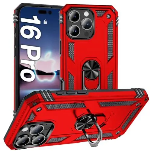 Produktbild: AFARER Handyhülle für iPhone 16 Pro Stoßfeste und Sturzfeste hülle,mit 360 Grad Ring Ständer und magnetisches Eisenblech,Duale Schichte Gehäuse Kompatibel mit iPhone 16 Pro - Rot