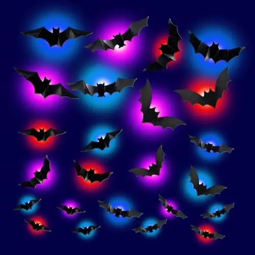 Produktbild: Afenau 24 Stück Halloween Fledermaus Deko, 3D LED Fledermaus Lichter, Halloween Fledermaus Aufkleber, Simulation Fledermaus Licht für Halloween, Mardi Gras, Themenpartys (10 Größen)
