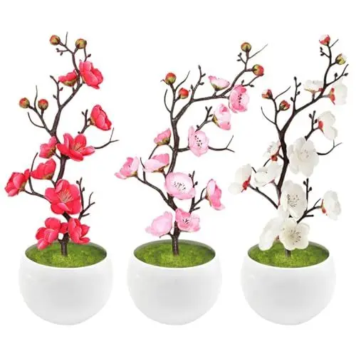 Produktbild: Afenau 3 Stück Künstliche Pflaumenblüte, Kunstblumen Im Topf Klein, Kunstblumen Mit Vase, Künstliche Blumen Deko Mit Vase, für Hochzeit,Weihnachten,Urlaub, Geschenk zu Weihnachten, Neujahr