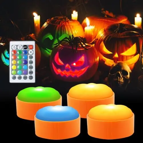 Produktbild: Afenau 4 er Halloween Kürbis Deko Licht mit Fernbedienung, 16 Farben Halloween Kürbis Led, Halloween Kürbis Lichter, Farbwechselnde Halloween Kerzenlampe Deko, Flammenlose Kerzen für Kürbis Dekoration