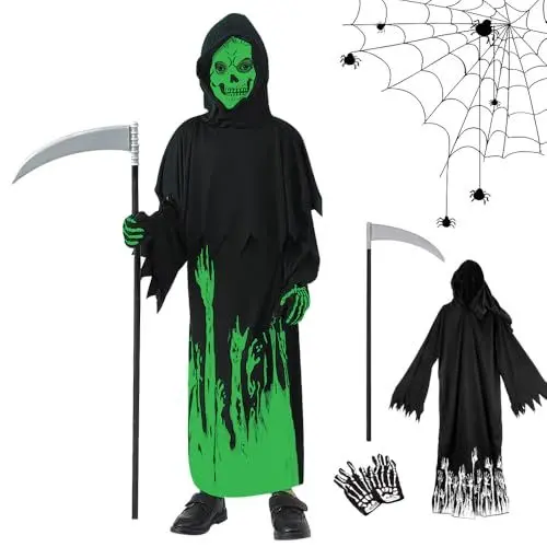Produktbild: Afenau Sensenmann Kostüm, Halloween Kostüm Sensenmann, Halloween Sensenmann Kostüm Kinder, Halloween Leuchtenden Sensemann Kostüm, Skelett Handschuhen, Kostüm Set für Cosplay Party Halloween Karneval