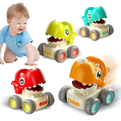 Produktbild: Afenau Spielzeug Autos, 4 Stück Aufziehauto mit Pfeift, Drücken und Los Auto Kinder Spielzeug, Baby Auto Spielzeug für Jungen und Mädchen, Geburtstagsgeschenk