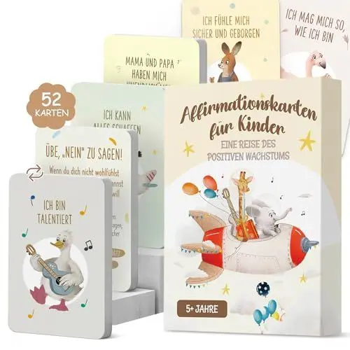 Produktbild: Affirmationskarten Kinder ab 3-6-8-10 | Achtsamkeit, Gefühle, Mutmacher, Selbstliebe, Motivation, Emotion, Mut, Dankbarkeit, positives Denken, Affirmationen Karten für Kinder Selbstbewusstsein Stärken