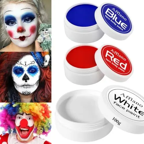 Produktbild: Afflano Weiße Körperfarbe 100g, Rote Blaue Gesichtsfarbe 100g, Halloween Gesicht Körperfarbe für Clown Joker Karneval Makeup, Gesichtsbemalung für SFX Skelett Fancy Dress Party Cosplay Sport