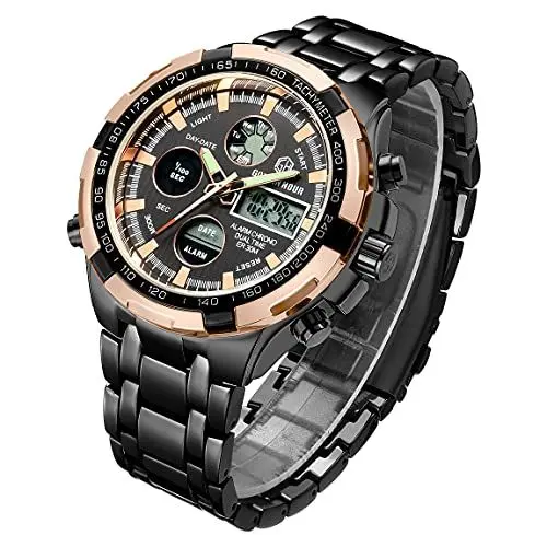 Produktbild: Affute Armbanduhr für Herren, Schwerer Chronograph aus Edelstahl, wasserdicht, mit Datums- und Alarmfunktion, Analog-/Digitalanzeige (Roségold Schwarz)