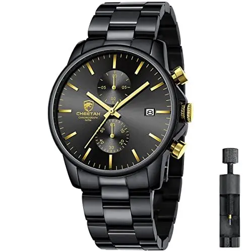 Produktbild: Affute Uhren Herren mit Edelstahl und Metall, Leger, Wasserdicht, Chronograph, Quarzuhr, Automatisches Datum, Bunte Zeiger Armbanduhr Herren - N Gold Schwarz