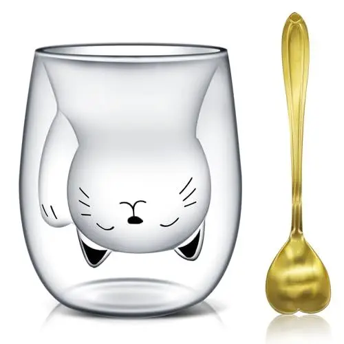 Produktbild: Afitdon Süße katzen Tasse Doppelwandige Katzenbecher Süße Tassen mit Katzenmotiven mit Löffel Geschenk für katzenliebhaber 280 ml für Cappuccino, Latte Macchiato, Tee, EIS und Milch（Glückliche Katze）
