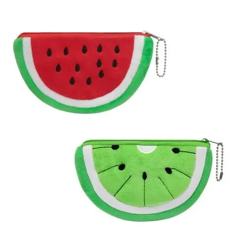 Produktbild: AfitLulu 2Stück Münzbörsen Mini Geldbörse Damen Cartoon Wassermelone Form Plüsch Niedlich Münzbeutel Portemonnaie Damen Klein mit Zipper-Schlüsselanhänger für Frauen und Mädchen (rot+grün)