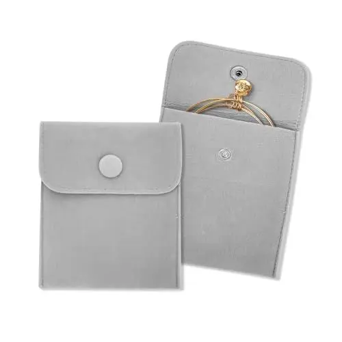 Produktbild: AfitLulu 2 Stück 8x10cm Samt Schmucktasche für Reisen Schmuckbeutel Klein Schmuckaufbewahrung Weich, Reise Schmuckkästchen mit Schnapper für Ringe, Armbänder, Halsketten, Ohrringe (Grau)