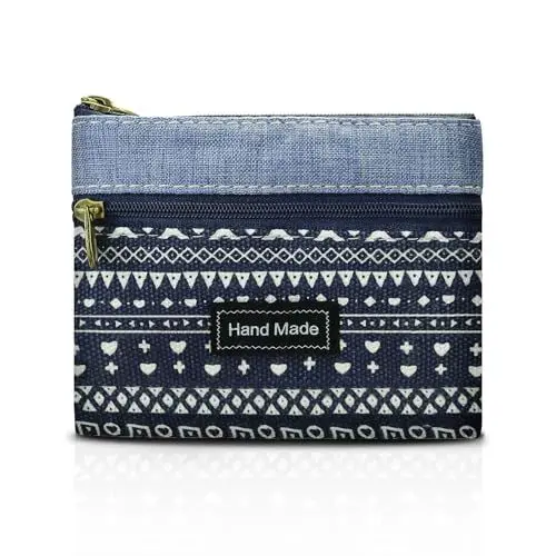 Produktbild: AfitLulu Kleines Portemonnaie Damen Canvas Geldbeutel, Bohème-Stil Geldbörse 2 Lagen Reißverschlusstaschen Mini Münzbörsen für Münzen, Bargeld und Karten (Blau)