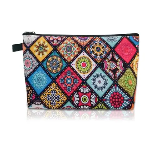 Produktbild: AfitLulu Kosmetiktasche Klein Reisen Make Up Organizer Tasche mit Reißverschluss, Bohème-Stil Kulturbeutel Make Up Tasche Gedrucktes Muster Schminktasche für Frauen und Mädchen (Stil 1)