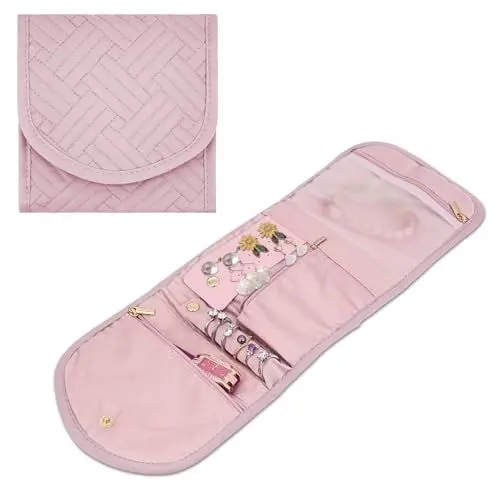 Produktbild: AfitLulu Reise Schmuckroll Organizer Tasche, Faltbare Schmuck Organizer Tasche für Mädchen und Frauen, Tragbare Reise Schmuckaufbewahrung Tasche für Ringe Ohrringe Uhren Halsketten Armbänder (Rosa)