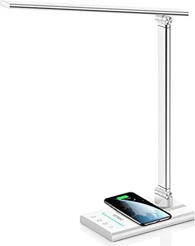 Produktbild: AFROG Schreibtischlampe LED mit 10W Wireless Charger, USB Ladeanschluss, Bürolampe Tischlampe mit 5 Farben und 10 Helligkeitsstufen,Sensible Kontrolle, 60 min Auto Timer, Nachtlichtfunktion,Weiß