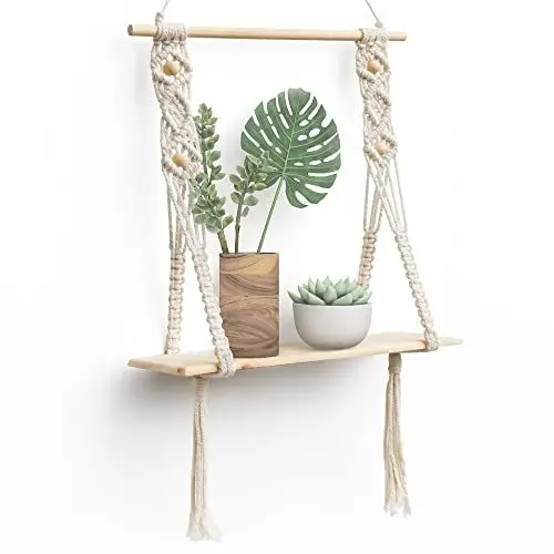 Produktbild: Afuly Wandregal Holz Regal Wand Boho Deko Hängeregal Makramee Wanddeko Balkon Badezimmer Wohnzimmer Handgewebte Schweberegal