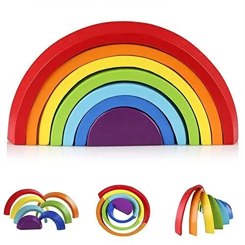 Produktbild: Afunti Holz Regenbogen Lernspielzeug 7-teilig Holzbausteinen Stapelspiel für Feinmotorik für Kinder 2 3 4 5 Jahren Kinder Mädchen Junge
