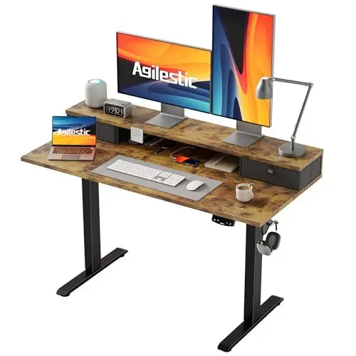 Produktbild: Agilestic Höhenverstellbarer Schreibtisch mit 2 Schubladen, 120 x 60 cm Stabiler Schreibtisch Höhenverstellbar Elektrisch, Ergonomischer Steh-Sitz Tisch Computertisch, Braun