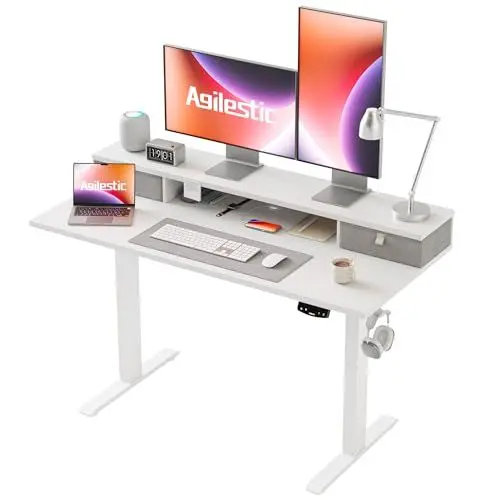 Produktbild: Agilestic Höhenverstellbarer Schreibtisch mit 2 Schubladen, 120 x 60 cm Stabiler Schreibtisch Höhenverstellbar Elektrisch, Ergonomischer Steh-Sitz Tisch Computertisch, Weiß