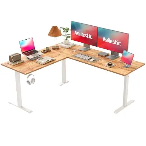 Produktbild: Agilestic L-förmig Höhenverstellbarer Schreibtisch, 160 x 140 cm Schreibtisch Höhenverstellbar Elektrisch, Eckschreibtisch Ergonomischer Steh-Sitz Tisch Computertisch, Hellbraun