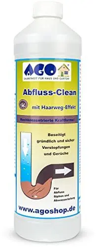 Produktbild: AGO Abfluss-Clean Abflussreiniger flüssig 1L / kraftvoller Rohrreiniger löst Haare, Verstopfungen, Essensreste/Abflussfrei in Küche und Bad/Duschabfluss Reiniger