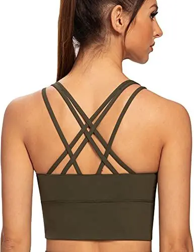 Produktbild: AGONVIN Damen Longline Strappy Gepolsterte Medium Support Training Top Sport BH Olivgrün L