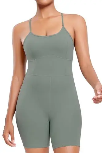 Produktbild: AGONVIN Damen Workout Spaghetti-Träger Rompers Shorts Bauchkontrolle Einteiler Jumpsuit Matcha-Grün XS
