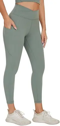 Produktbild: AGONVIN Yoga-Leggings mit überkreuzter Taille für Damen, weiche Sportstrumpfhose mit Tasche Matcha-Grün M