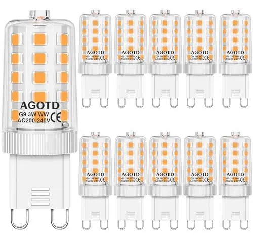 Produktbild: AGOTD G9 LED Lampe warmweiß 3000K, LED Leuchtmittel 3W entspricht 30W 40W Halogenlampe, Enegiesparende G9 Glühbirne kein Flackern, nicht dimmbar, 10er Set