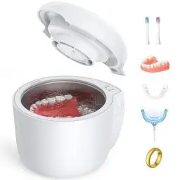Produktbild: AGPTEK Ultraschallreinigungsgerät, 45kHz Zahnspangenreiniger mit Lüfter, 190ml Ultraschallreiniger für Zahnprothesen, Zahnschienen, Zahnschutz, Aligner, Bleichschienen und Bürstenköpfe, Weiß