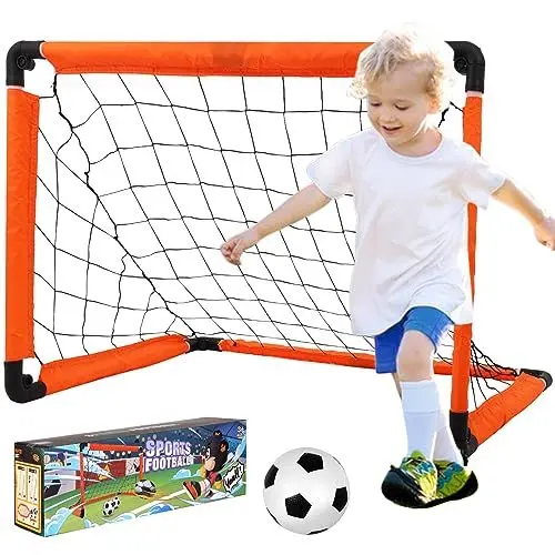 Produktbild: AGRASIV Fußballtore + Fußball Set 90CM Faltbare Tragbar Mini Fußballtore für Kinder Sportspielzeug Kleine Klappfußballtür für Garten Park im Haus Strand Drinnen und Draußen Spielzeuggeschenke (Orange)