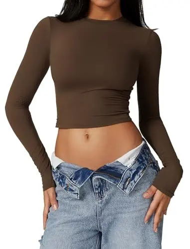 Produktbild: AGYMNX Basic Langarmshirt Damen Skims Eng Top Slim Fit Y2k Langarm Elegant Oberteil Rundhals Cropped T-Shirts Dehnbar Aesthetic Shirts Casual Teenager Streetwear Kaffee M