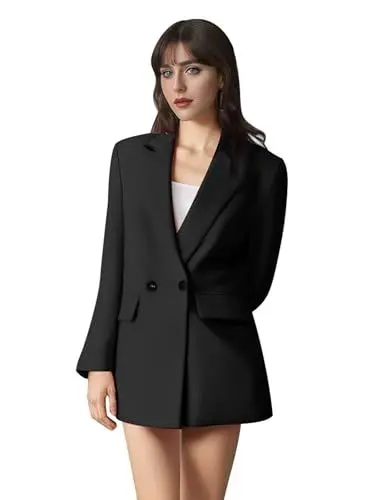Produktbild: AGYMNX Damen Langarm Blazer Elegant Jacke Leicht Doppelreihig mit Taschen B�ro Business Meeting Fr�hling Herbst Basic Casual Slim Fit S-L Schwarz M