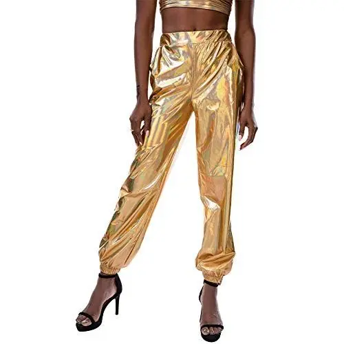 Produktbild: AGYMNX Damen Metallic Glänzend Jogger Casual Holographische Farbe Streetwear Hosen Hip Hop Mode Glatte Elastische Hosen Freizeit Casual Lang Hose Sweathose Jogginghose Gold M