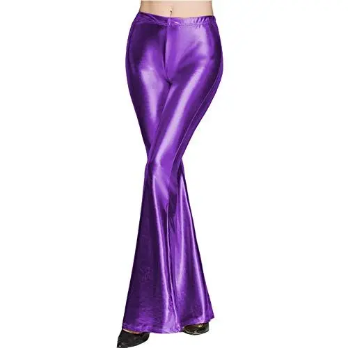 Produktbild: AGYMNX Damen Metallic Gl�nz Schlaghose Leggings Palazzo Hosen Hoher Bund Boot Cut Glitzer Lange Hose Schlanke Leggins Wet Look Stretch Weite Bein Tanzhosen Party Disco Clubwear Lila XXL