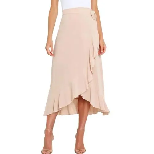 Produktbild: AGYMNX Damen Wickelrock A-Linie Hohe Taille Unregelm��iger Midirock R�schensaum Faltenminirock mit Bindeband Sommer Eleganter und Vielseitiger Basic Beige XL