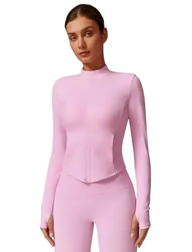 Produktbild: AGYMNX T-Shirt Damen Fitness Tops Sportjacke Yoga Langarm Stand Up Neck Top Laufjacke mit Taschen Zip Soft Quick Dry Fitness Tops Rei�verschluss f�r W�rme und Schutz vor Dem Wind Hellrosa S