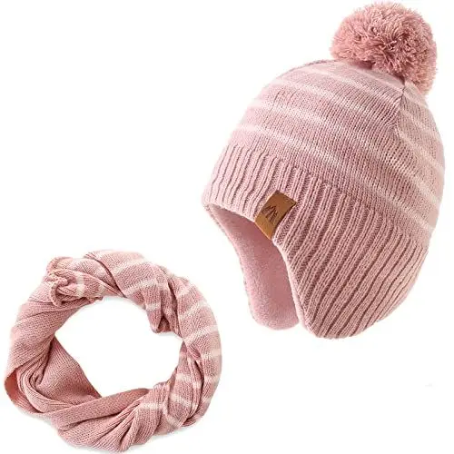 Produktbild: AHAHA Wintermütze Mädchen Kinder Beanie Earflap Pompon Strickmütze und Schal 55CM