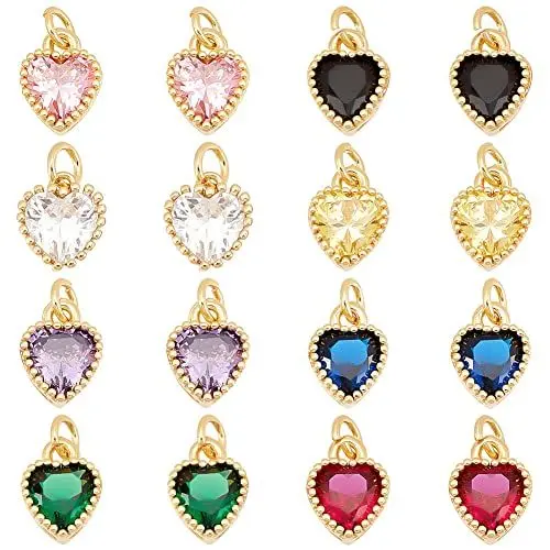 Produktbild: AHANDMAKER 16 Stück Zirkonia Herz Anhänger, 8 Farben Herzform Charms Echt 18K Vergoldet Messing Anhänger Tiny Dangle Für DIY Halsketten Armbänder Ohrringe Schmuckherstellung