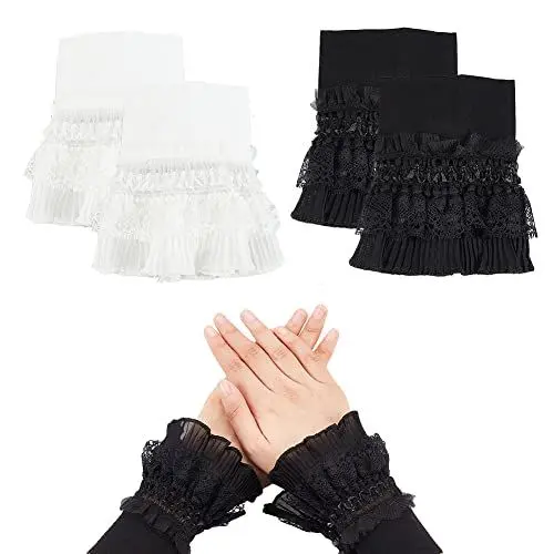 Produktbild: AHANDMAKER 2 Paar Geschichtete Jabot-Manschetten Aus Spitze, Florale Spitzenmanschetten Falsche Ärmel Spitze Stretch Handgelenkmanschetten Frauen Kurze Spitzenhandschuhe Für Pullover Prom Themenparty