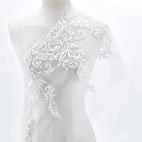 Produktbild: AHANDMAKER 2 Yards Weißer Mit Blumen Bestickter Spitzenstoff Bestickte Spitzenborte Für Hochzeiten Brautschleier Bastelbesatz Für Kleidung Hochzeitskleid Nähen Heimdekoration 2 Yard X 13.5 Zoll