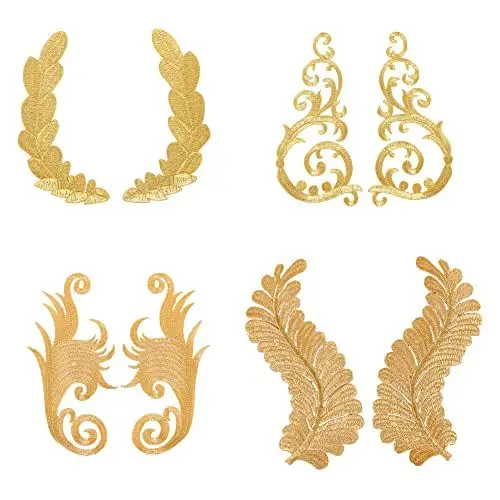 Produktbild: AHANDMAKER 4 Paar Blatt Blume Stickerei Applikation, Golden Ethnischer Stil Nähen Eisen auf Blatt Kranz Patch Blume Bestickte Applikation für DIY Nähen Hochzeit Ballkleid Kleidung Hosen Schuhe